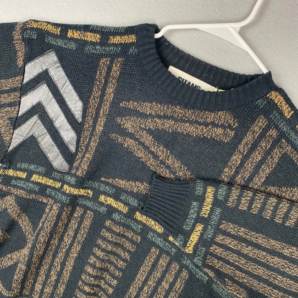 Vintage Gitano Mens Geometric Intarsia Sweater Black Multi Patch H1719 Medium